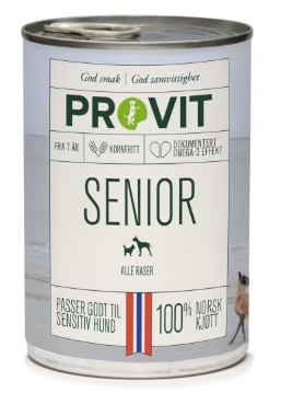 Senior er et livsfaseprodukt fra Provit som er tilpasset alder og inneholder alt hunden din trenger for et sunt og godt liv. Anbefales til hunder fra 7 år og oppover. Provit Senior er kornfritt og passer også godt til sensitive hunder.