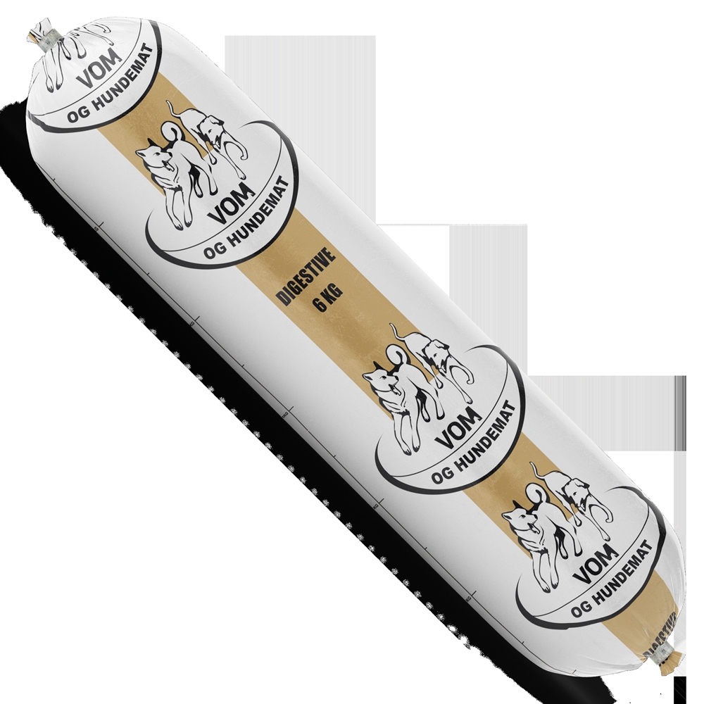 VOM Digestive er et fullfôr med innslag av ris og betefiber. Både ris og fiber tilbyr flere positive fordeler for hunden. 18kg esker består av 3stk 6kg pølser.