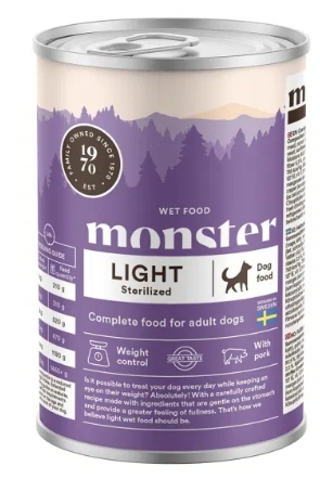 Monster Dog Adult Light & Sterilized Svin 400 g
Monster Dog Adult Light & Sterilized 400g er et våtfôr med lavt kaloriinnhold som gir næring og metthet. Perfekt for hunder som trenger vektkontroll