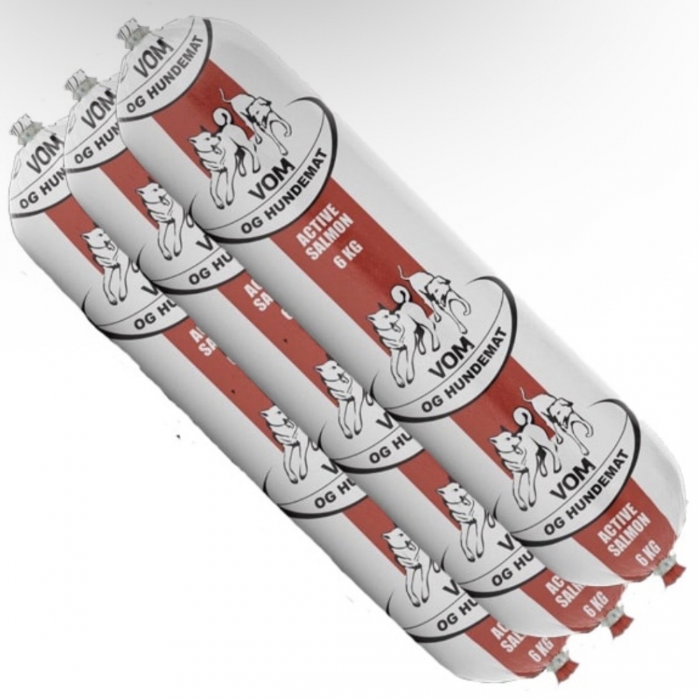 ACTIVE med laks er et optimalt fullfôr for hunder som krever rikelig med energi i dietten. Blandingen inneholder laks. Omega 3 fettsyrer fremmer god pels og potekvalitet. 18kg esker består av 3stk 6kg pølser.