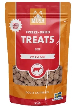 Frysetørkede godbiter av 100% storfekjøtt fra Mush – næringsrik og perfekt som belønning for sensitive mage hos hund og katt.