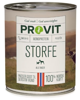 Provit Storfe er et fullfôr til hund basert på kun én proteinkilde - storfe. Provit Storfe er et fôr med høy smakelighet, for voksne hunder som elsker storfe. Fôret inneholder ikke korn og er glutenfritt.