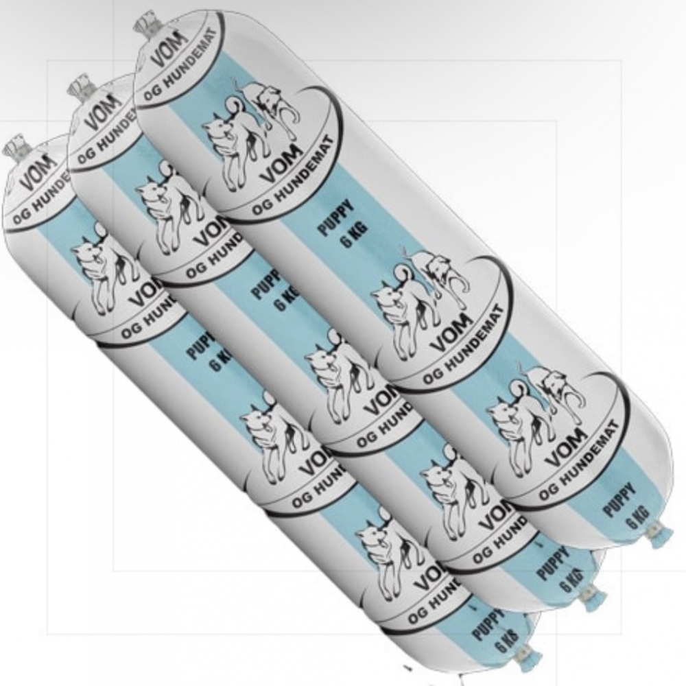 VOM Puppy er et fôr spesielt utviklet for valper, og kan benyttes allerede ved valpens første munnfull med fast føde, fra ca. 3-4 uker, og frem til den er ferdig utvokst ca. 1 år, avhengig av rase. 18kg esker består av 3stk 6kg pølser.
