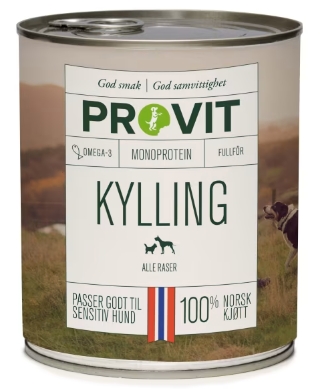 Provit Kylling er et fullfôr til hund basert på kun én proteinkilde - kylling. Provit Kylling er et næringsrikt fôr med høy smakelighet, for voksne hunder som elsker kylling. Fôret inneholder ikke korn og er glutenfritt.
