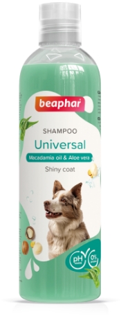 Beaphar Universal Sjampo er en mild pH-nøytral sjampo for alle hunder, perfekt for vanlig bruk. Sjampoen, beriket med macadamiaolje og aloe vera, gir en myk, blank pels og etterlater hunden din luktende frisk og ren