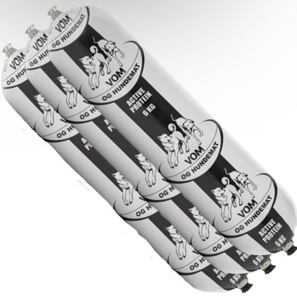 ACTIVE Proteinrik har et høyt innhold av gode proteinråvarer fra kylling, egg og laks, og er derfor et utmerket produkt for hunder som krever ekstra protein i dietten. 18kg esker består av 3stk 6kg pølser.