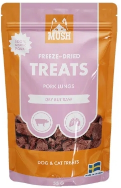 Oppdag Mush Frysetørket Godbit Griselunge – en naturlig godbit laget av 100% frysetørket griselunge. Den skånsomme tørkeprosessen bevarer både næringsinnhold og smak, noe som gjør dette til et ideelt valg både ved trening og som daglig belønning.