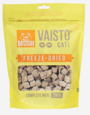 MUSH Vaisto Cat Adult & Kitten frysetørket kattefôr med kylling og storfe. Naturlig, lettfordøyelig og smakfull ernæring for kattunger og voksne katter