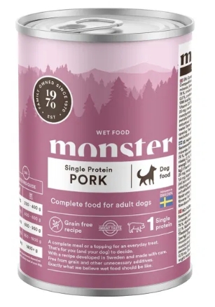 Monster Dog Adult Single Protein Pork 400 g
Monster Dog Adult Single Protein Pork – Kornfritt våtfôr med svin for voksne hunder. Perfekt for sensitive mager. Bruk det som helfôr eller som et komplement.