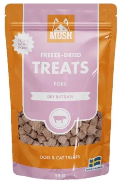 Belønn hunden eller katten din med noe skikkelig godt! Mush Frysetørket Godbit Svin består av frysetørkede biter laget av 100 % svinekjøtt – helt uten tilsetningsstoffer, konserveringsmidler eller korn.