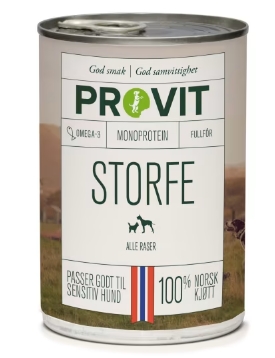 Provit Storfe er et fullfôr til hund basert på kun én proteinkilde - storfe. Provit Storfe er et fôr med høy smakelighet, for voksne hunder som elsker storfe.