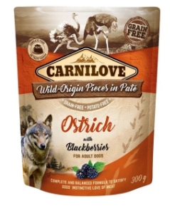 Carnilove Dog Pouch Paté Ostrich with Blackberries, 300g
Deilig våtfôr til voksne hunder som inneholder struts- og kalkunkjøtt. Høyt kjøttinnhold.
