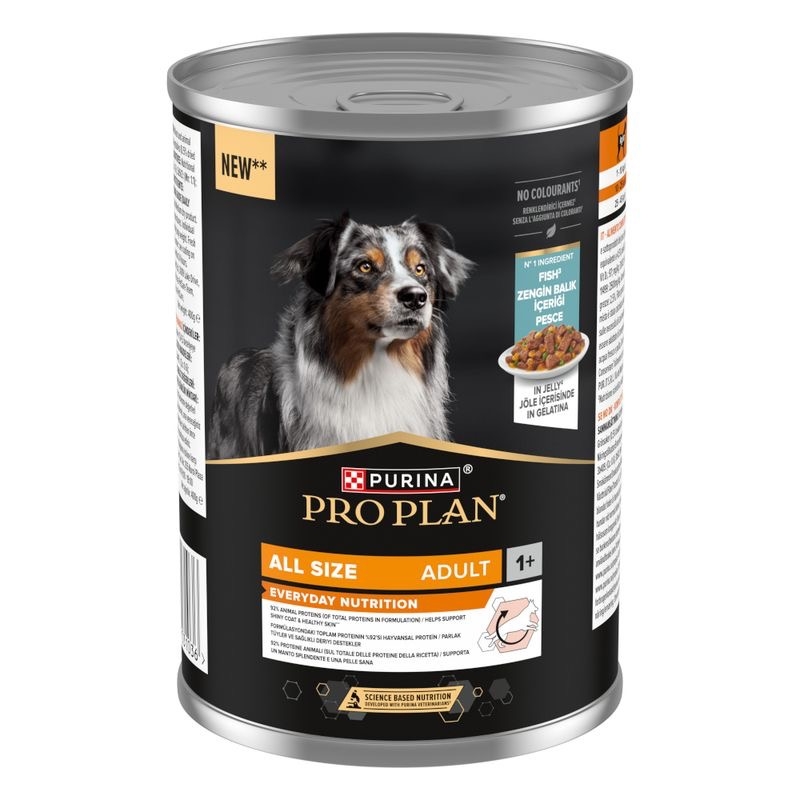 PURINA PRO PLAN All Size Adult Everyday Nutrition i gelé 400 g er et komplett våtfôr som er spesielt utviklet for voksne hunder av alle raser fra ett år og oppover. 