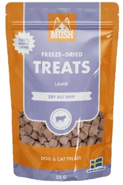 Mush Frysetørket Godbit med Lam – 100 % rent kjøtt uten tilsetninger, næringsrikt og perfekt som belønning for både hund og katt.
