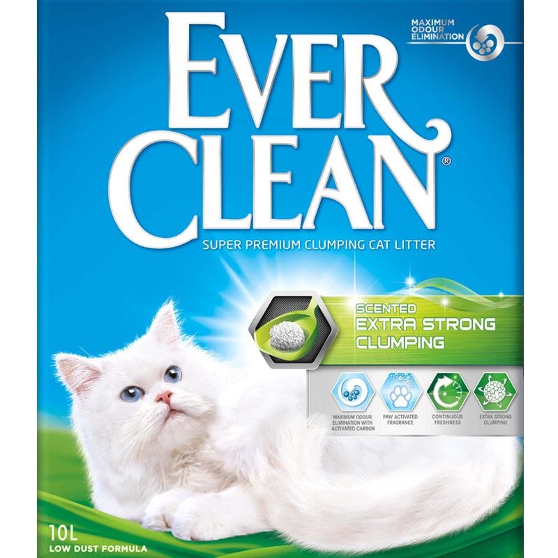 Ever Clean Extra Strong Clumping Scented kattesand har en ny oppdatert formel som inneholder svak parfyme som aktiveres i kontakt med fukt og binder uønsket lukt fra kattetoalettet.