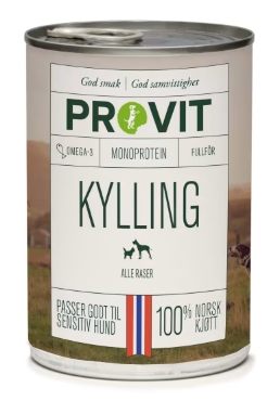 Provit Kylling er et fullfôr til hund basert på kun én proteinkilde - kylling. Provit Kylling er et næringsrikt fôr med høy smakelighet, for voksne hunder som elsker kylling