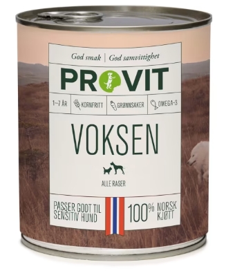 Provit Voksen er et balansert fullfôr som egner seg for alle hunder. Fôret er sammensatt av norsk kjøtt fra flere proteinkilder - et sunt og variert kosthold fra en og samme boks.