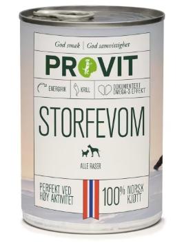 PROVIT Storfevom med krill er et energirikt fullfôr – et perfekt fôr ved høy aktivitet.
Smaken av storfevom er mange hunders favoritt, og passer godt som energikilde ved lengre turer, jakt eller energikrevende hundesport. 