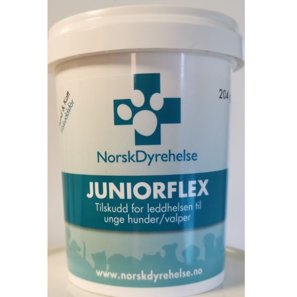 Juniorflex fra Norsk Dyrehelse er tilpasset valper/unghunder fra 5 måneder.
Juniorflex innholder Grønnleppemussling og C-vitamin som kan være gode byggesteiner for leddhelsen. C-vitamin(kalciumaskorbat) er skånsomt for dyrets mage.